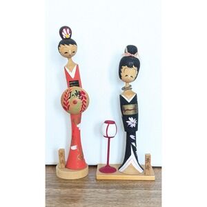 Japanese Kokeshi Geisha Doll Wood Figure Hand Painted Artist Signed Set Of 2